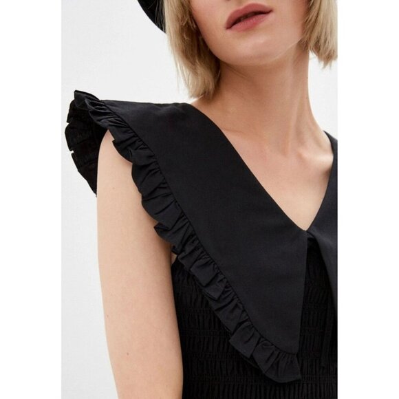 NEW Topshop Black Cotton V-neck Ruffle Midi Dress Size 6 - 23052 - Picture 2 of 13